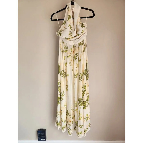 NWT Farm Rio Anthropologie V-Neck Floral Chiffon Maxi Dress Sz S Neutral #9J408 - Picture 2 of 12